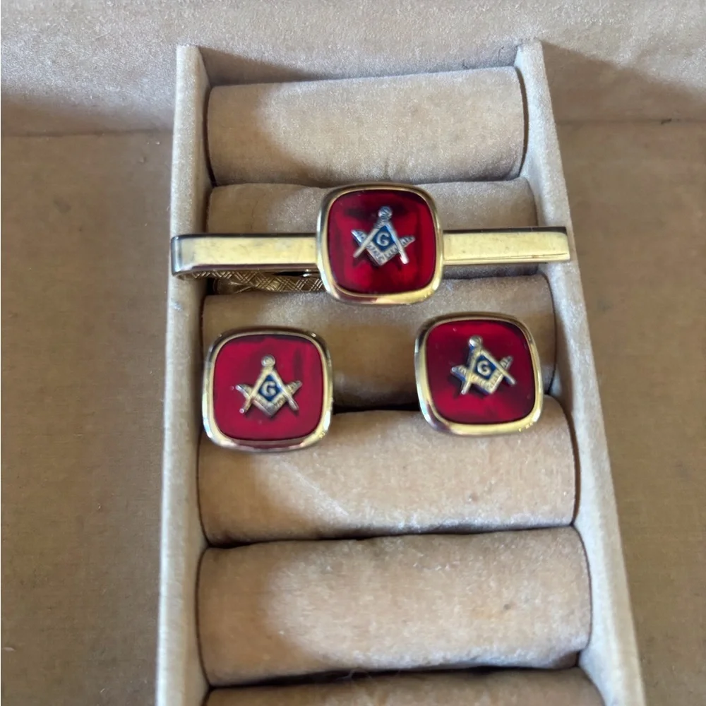 Vintage Gold and Red Masonic Cufflinks and Tie Clip Set